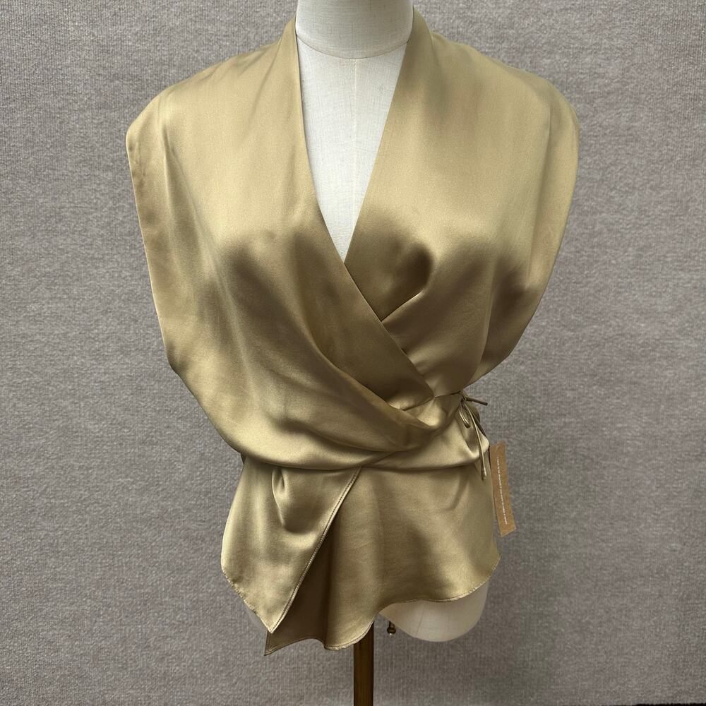 Luxury Silk Satin V-Neck Tie Waist Wrap Blouse Top Gold Metallic 4 S Old Money